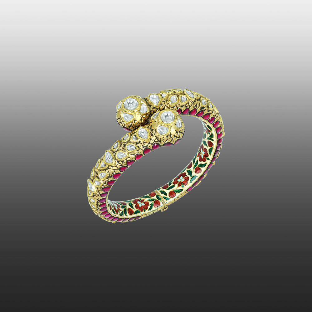 Floral Polki Cuff Bangle with Vibrant Enamel